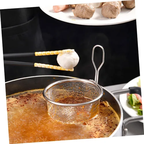 Vista 5 de Colador de pasta de acero inoxidable con mango de malla fina y herramienta de cocina para cocinar y drenar, diseño compacto para un fácil