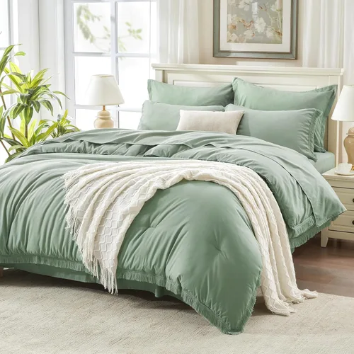 Vista 13 de Andency Juego de ropa de cama con edredón tamaño matrimonial beige con sábanas - 7 piezas, estilo bohemio con borlas, ropa de cama ligera en una 01