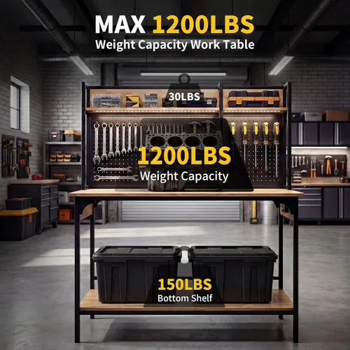 Vista 3 de Banco de trabajo resistente de 48 x 24 pulgadas con tablero de clavijas y luz LED, capacidad de carga de 1350 libras, regleta con puertos USB