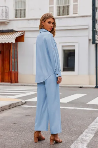 Vista 6 de Zeagoo Conjunto de 2 piezas de lino para mujer, camisa con botones y pantalones largos con cordón, conjuntos de verano
