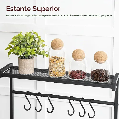 Vista 8 de MAHANCRIS Estante de panadería con toma de corriente, estante de almacenamiento para cocina con 6 ganchos, soporte para microondas