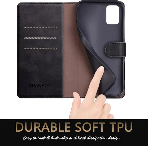 Vista 5 de SUANPOT Funda tipo cartera de cuero para Samsung Galaxy A71 5G (versión 4G) con tarjetero de crédito RFID con tapa para Samsung A71, funda para Negro