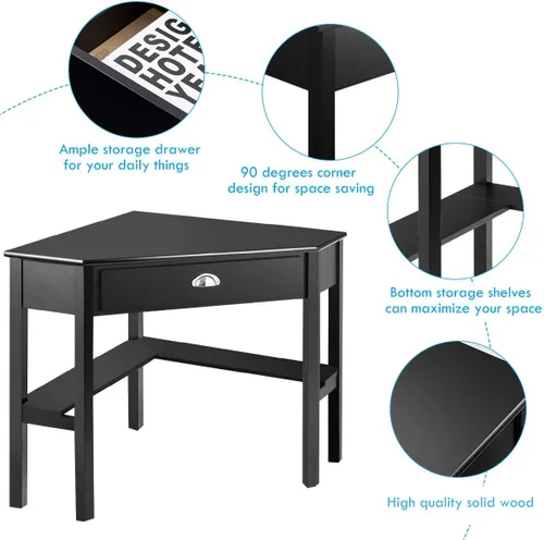 Vista 3 de RELAX4LIFE Escritorio esquinero para computadora triangular con cajón y estantes, mesa estable para computadora portátil, escritorio para oficina