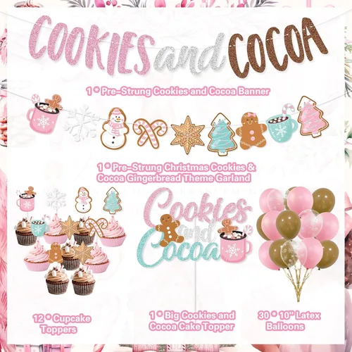 Vista 2 de Decoraciones de fiesta de galletas y cacao, banner de galletas rosas y cacao, banner navideño de hombre de jengibre, globos para adorno de pastel