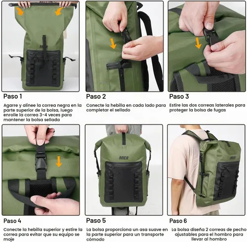 Vista 7 de MIER Mochila impermeable Saco con cierre de parte superior enrollable Bolsa seca ligera, Mochilas tipo mochila Verde militar/negro