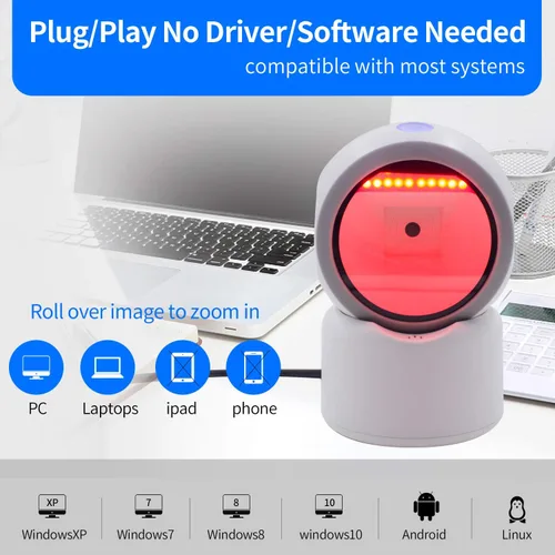 Vista 6 de Escáner de código de barras QR 2D, symcode Omnidireccional Manos Libres USB Lector de Código de Barras Automático para Pagos Móviles Computadora