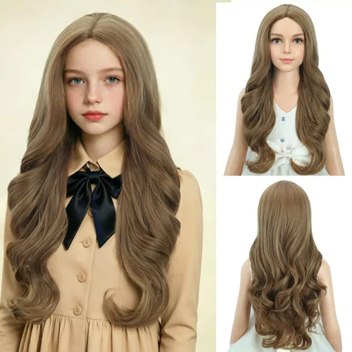 Vista 58 de PATTNIUM Peluca larga y ondulada rubia oscura para niños y niñas, peluca Rubio ceniza