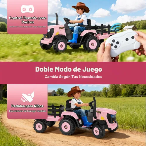 Vista 6 de Tractor de paseo de 24 V para niños, remolque desmontable, rosa