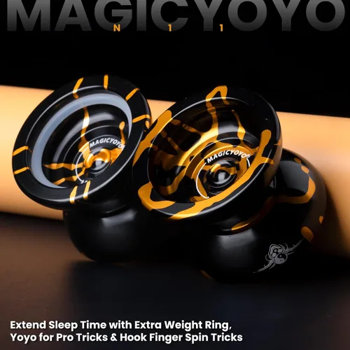 Vista 3 de MAGICYOYO N11 Yoyo N11 - Bola profesional Yoyo N11 de aleación de doble propósito (negro con dorado) con saco, guante, 12 cuerdas Yoyo y kit