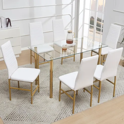 Vista 10 de Juego de comedor de cristal de 5 piezas dorado para 4, mesa de cocina rectangular con 4 sillas de piel sintética, juego de mesa de comedor compacto