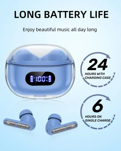 Vista 4 de Auriculares inalámbricos azules P1 PRO, auriculares inalámbricos Bluetooth con micrófonos de llamada clara, ajuste cómodo, IPX7 impermeable, batería
