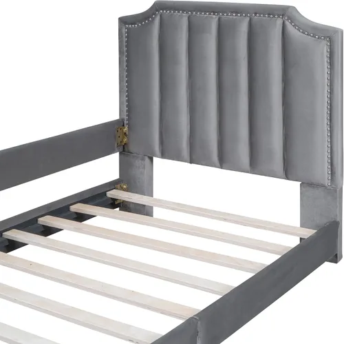 Vista 4 de Harper & Bright Designs Sofá cama tapizado con plataforma de terciopelo individual, cabecera clásica a rayas, sofá cama de madera para adultos
