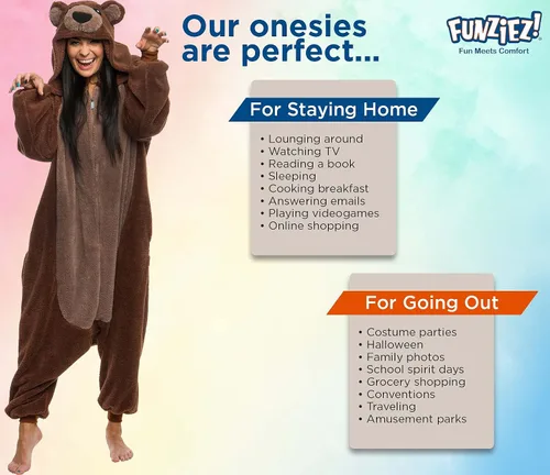 Vista 5 de Sherpa Bear Adult Onesie - Animal Halloween Costume - Plush Teddy One Piece Cosplay Suit for Adults, Women and Men FUNZIEZ!