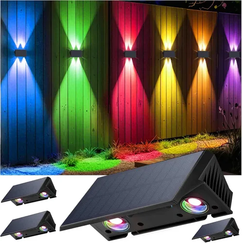 Vista 16 de Luces de valla alimentadas por energía solar, modos multicolores, luces solares para valla al aire libre IP67, luces solares de pared arriba