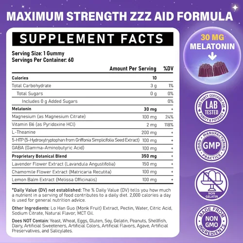Vista 2 de Gomitas de melatonina de 30 mg para adultos, gomitas de melatonina sin azúcar, máxima fuerza con magnesio, B6, GABA y mezcla botánica, sin hábito