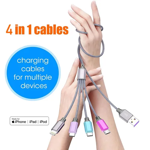 Vista 2 de Paquete de 2 cables de carga múltiple 4 en 1 de 4 pies, cable de carga trenzado certificado MFi Travel Essentials Type-C Universal Car Charger