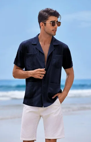 Vista 2 de COOFANDY Camisa cubana para hombre de lino casual Guayabera camisa de verano con botones