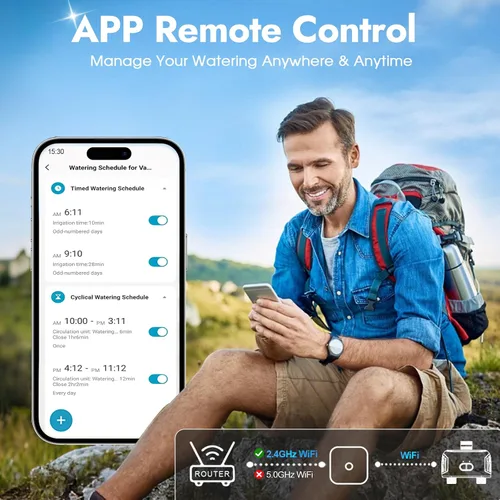 Vista 2 de Temporizador de agua WiFi de 2 zonas, entrada de latón, temporizador de aspersor para manguera de jardín, control remoto por aplicación