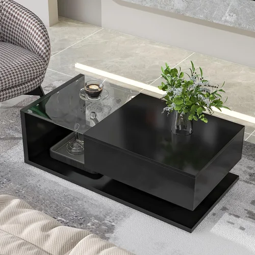 Vista 3 de LUMISOL Mesa auxiliar rectangular de 2 niveles con vidrio templado, moderna mesa de cóctel con superficie UV de alto brillo, mesa central de diseño