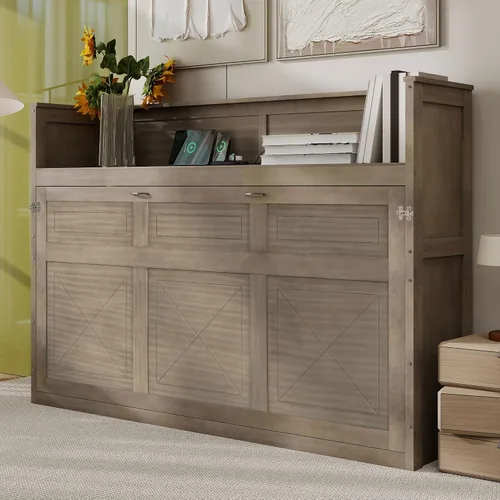 Vista 15 de Cama Murphy de tamaño matrimonial con estación de carga, marco de cama de pared de madera que ahorra espacio se puede plegar, armario de cama cubo