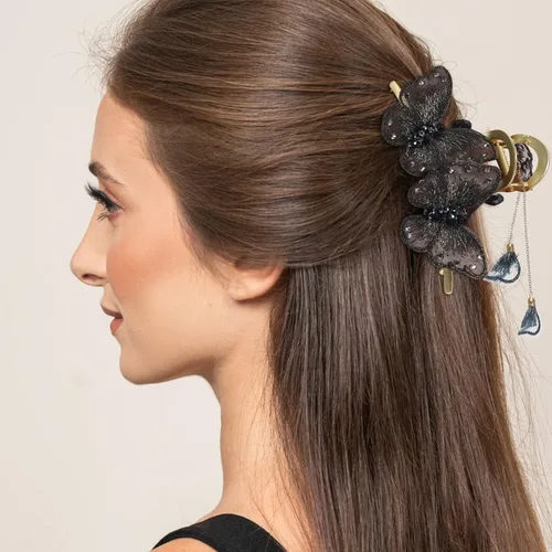 Vista 5 de FRCOLOR Pinzas de mariposa para el cabello, horquillas de metal grandes con borla de mariposa, diamantes de imitación con purpurina, pinzas