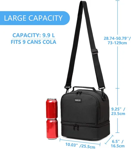 Vista 3 de VASCHY Bolsa de almuerzo aislada, bolsa de almuerzo para hombres y mujeres para el trabajo, pequeña hielera para picnic, color negro