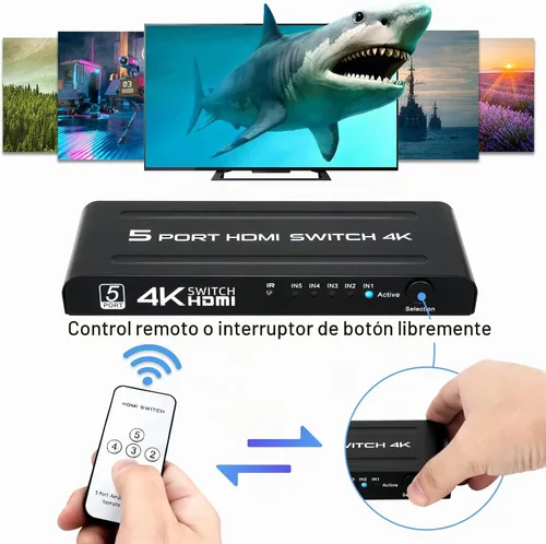 Vista 4 de Conmutador HDMI 4K 5 en 1 salida, caja selectora de conmutadores HDMI de 5 puertos con control remoto IR e interruptor automático, compatible