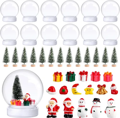 Vista 7 de Xinnun Kit de 48 piezas de 3.9 pulgadas de bolas de nieve de Navidad de plástico incluyendo 16 mini árboles de Navidad artificiales, 16 mini adornos