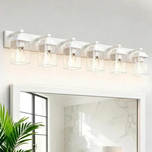 Vista 15 de Lámparas blancas para baño, 2 luces de baño, accesorios de iluminación sobre el espejo, diseño cuadrado y placa trasera grande rectangular