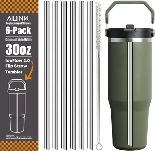 Vista 10 de ALINK - Paquete de 6 popotes de acero inoxidable compatibles con el vaso Stanley Iceflow de 20 onzas con tapa abatible, popotes metálicos