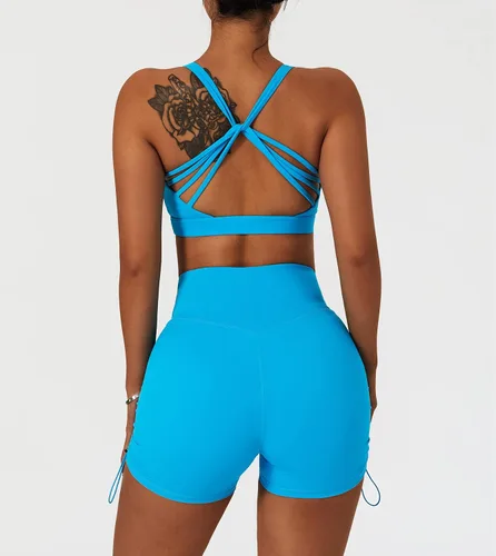Vista 2 de Conjuntos de entrenamiento para mujer, 2 piezas, brasier deportivo recortado en capas y cintura en V, pantalones cortos para correr, gimnasio, yoga