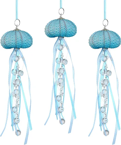 Vista 11 de Namalu 6 piezas de adorno de Navidad de erizo de mar y medusa con cuentas costeras, decoración festiva de playa con temática de océano, adorno Azul