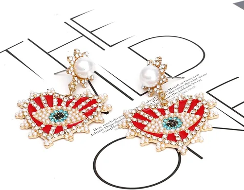 Vista 6 de SISOFTLY Aretes de ojo malvado, aretes colgantes de cristal con forma de corazón para mujer, aretes colgantes grandes