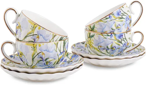 Vista 11 de Agyiuns Taza de té y platillos, tazas de té floral de 6.4 onzas con borde dorado, taza de té de porcelana, tazas de café capuchino espresso con Azul
