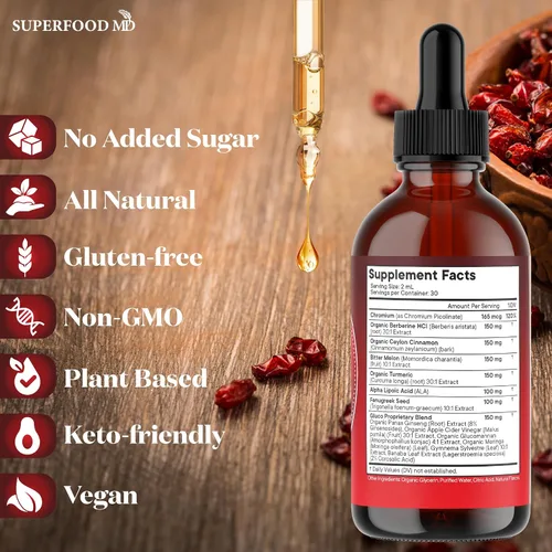 Vista 6 de Berberina con suplemento de canela de Ceilán gotas líquidas + extracto de melón amargo, glucomanano, gimnasia, cromo, cúrcuma, panax ginseng