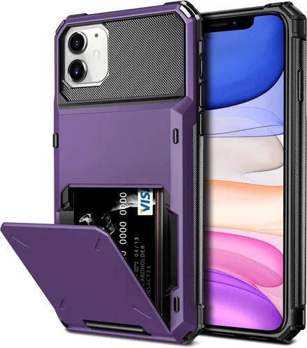 Vista 15 de Vofolen Funda protectora para iPhone 11, 4 tarjetas, ranura para identificación, puerta abatible, bolsillo oculto, antiarañazos, doble capa