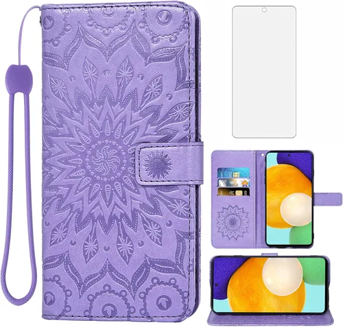 Vista 10 de Funda de teléfono para Samsung Galaxy A52 5G/4G con protector de pantalla de vidrio templado y funda delgada de cuero, soporte para tarjetas