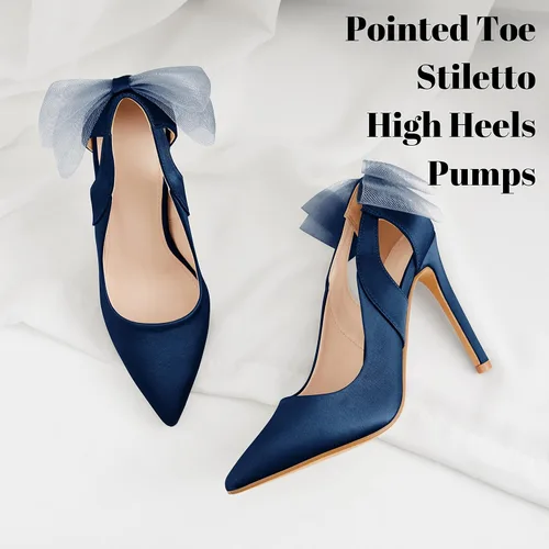 Vista 5 de Coutgo Zapatos de tacón alto con punta cerrada y puntiaguda para mujer, con nudo de lazo, corte de satén, sin cordones, para bodas, fiestas, zapatos