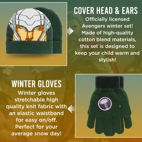 Vista 2 de Marvel Avengers - Juego de sombreros de invierno y guantes de nieve para niños y niños pequeños con lindos guantes y gorro suave, pompones esponjosos
