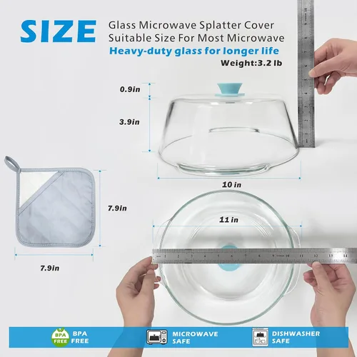 Vista 6 de Tapa alta de vidrio para microondas contra salpicaduras para alimentos con orificio de ventilación 100% segura para alimentos, tapa protectora