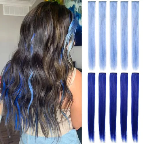 Vista 16 de Extensiones de cabello con clip de colores, 8 piezas de cabello sintético liso con reflejos azules y verde azulado