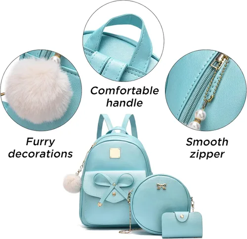 Vista 5 de Mochila de piel para niñas, estilo Bowknot, 3 piezas de mochila, bolso y monedero a la moda, para mujer