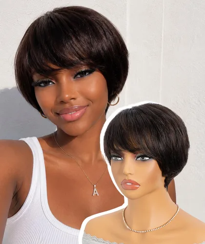 Vista 10 de QUEEN VIRGIN REMY QVR - Peluca de cabello humano con corte Pixie con flequillo, pelucas cortas para mujeres negras, cabello humano de diferentes