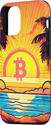 Vista 2 de iPhone 14 Bitcoin logotipo, símbolo, amanecer, vacaciones, sol, playa, océano Caso
