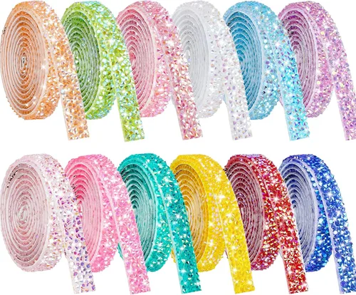Vista 8 de NiArt Cinta autoadhesiva de diamantes de imitación de cristal, 12 rollos de 0.35 in de ancho, total de 12 yardas, multifuncional, DIY decorativa, 12