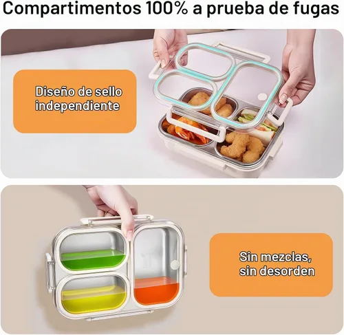 Vista 5 de Kit de lonchera de acero inoxidable 18/8 de 25 onzas (caja de bento + tenedor/cuchara), 3 compartimentos a prueba de fugas, caja de aperitivos
