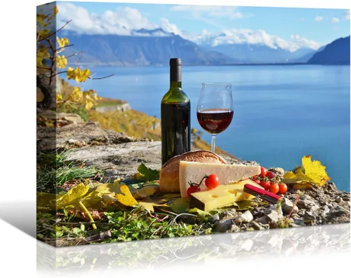 Vista 9 de Denozer - Arte de pared para cocina, lienzo, obras de arte de frutas, uvas, botellas de vino, alimentos, pintura en lienzo para comedor, decoración