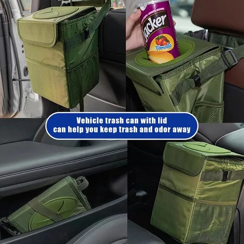 Vista 6 de Kewucn Basurero para automóvil con tapa, mini bote de basura impermeable, organizador de vehículos a prueba de fugas y bolsillos de almacenamiento