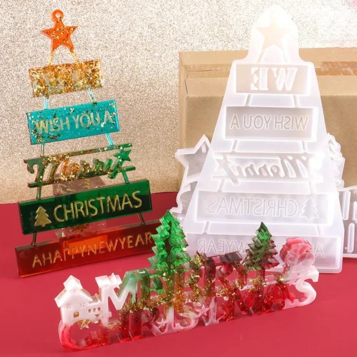 Vista 6 de Moldes de Navidad para resina, molde de resina 3D de letrero de Feliz Navidad, moldes de fundición epoxi para decoración de mesa de bricolaje