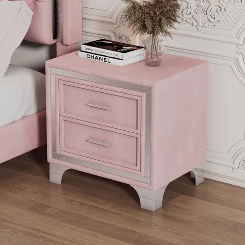 Vista 4 de Mesita de noche de terciopelo con 2 cajones, mesa auxiliar con almacenamiento, cómoda pequeña, muebles de mesita de noche, mesita de noche con patas